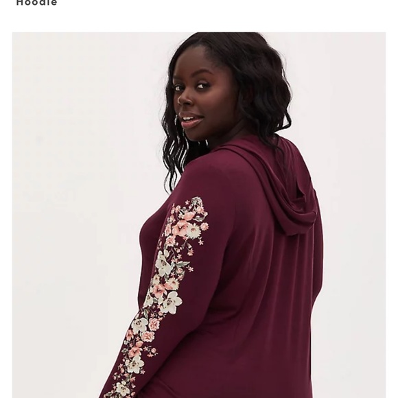 Beautiful Burgundy Flowered Sleeve hoodie Torrid Top - Picture 9 of 12